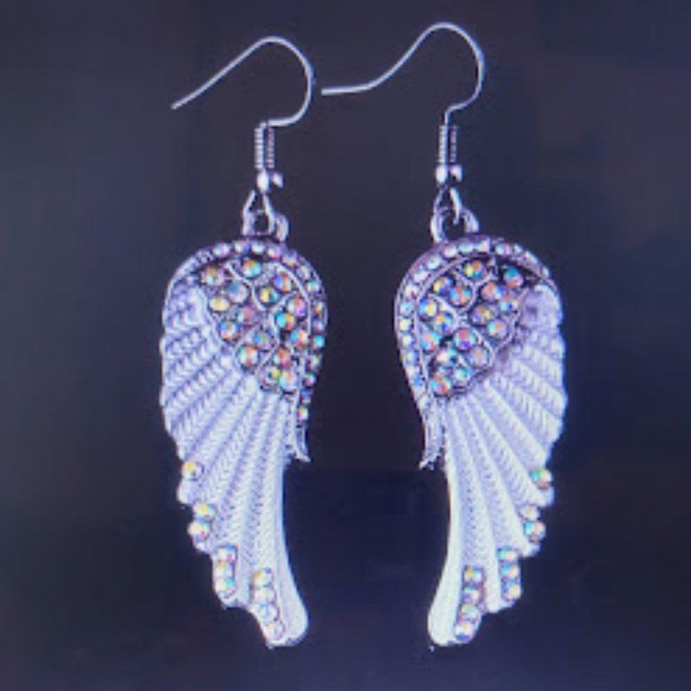 White Angel Wings Inlaid Rhinestone Dangle Earrings Silver Color 1.56" x .59"